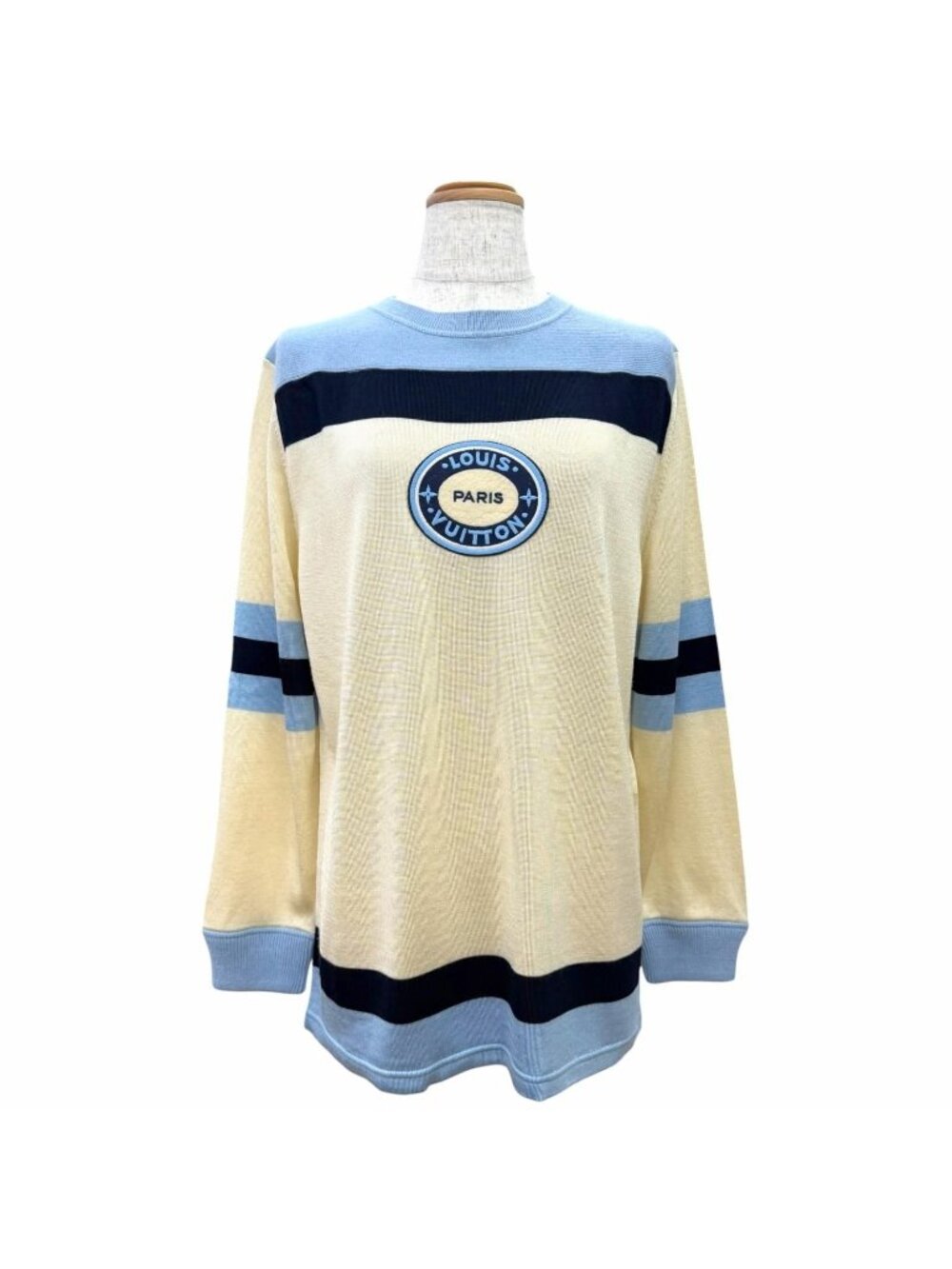 Louis Vuitton Wool Logo Patch Long Sleeve Knit Top Blue Ivory Navy Sweater
